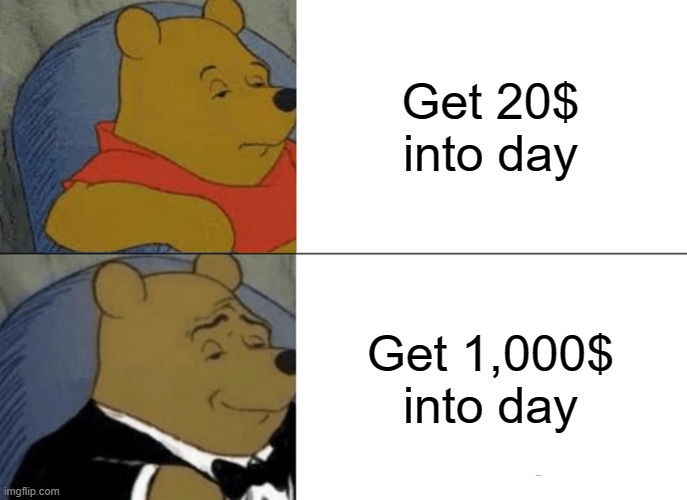 Rich bear | Get 20$ into day; Get 1,000$ into day | image tagged in memes,tuxedo winnie the pooh | made w/ Imgflip meme maker