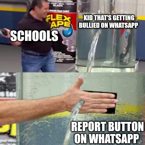 True tho | KID THAT'S GETTING BULLIED ON WHATSAPP; SCHOOLS; REPORT BUTTON ON WHATSAPP | image tagged in flex tape leak meme | made w/ Imgflip meme maker