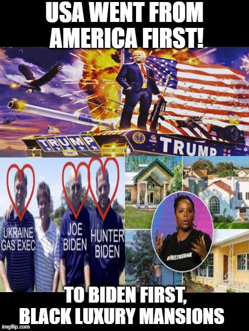 Are you an Idiot?? or a PATRIOT???? | USA WENT FROM  AMERICA FIRST! TO BIDEN FIRST, BLACK LUXURY MANSIONS | image tagged in patriot,idiot,morons | made w/ Imgflip meme maker