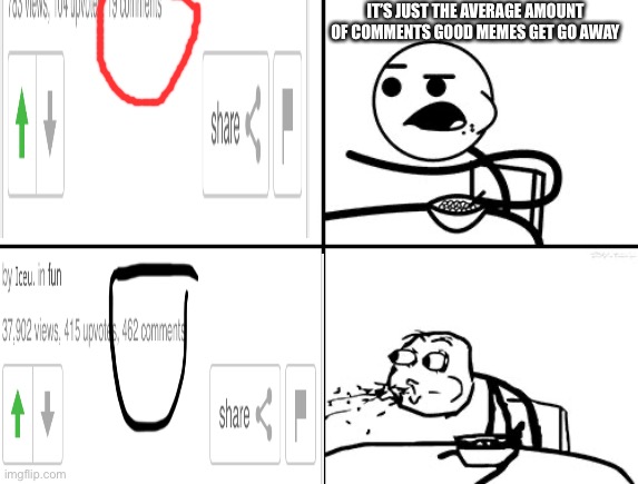 Oof lol | IT’S JUST THE AVERAGE AMOUNT OF COMMENTS GOOD MEMES GET GO AWAY | image tagged in guy eating cereal | made w/ Imgflip meme maker