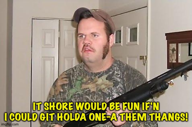 Redneck wonder | IT SHORE WOULD BE FUN IF'N I COULD GIT HOLDA ONE-A THEM THANGS! | image tagged in redneck wonder | made w/ Imgflip meme maker