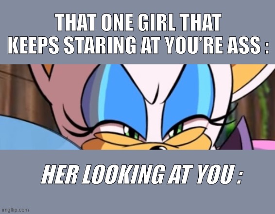 Rouge the bat / That Girl Looking At You | THAT ONE GIRL THAT KEEPS STARING AT YOU’RE ASS :; HER LOOKING AT YOU : | image tagged in amatuers meme,pov,booty warrior,flirt,flirty meme,bruh | made w/ Imgflip meme maker