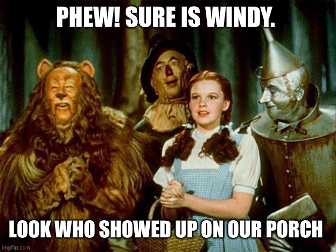 Sure is windy | PHEW! SURE IS WINDY. LOOK WHO SHOWED UP ON OUR PORCH | image tagged in wizard of oz | made w/ Imgflip meme maker