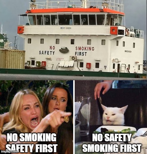 NO SAFETY SMOKING FIRST; NO SMOKING SAFETY FIRST | image tagged in smudge the cat | made w/ Imgflip meme maker