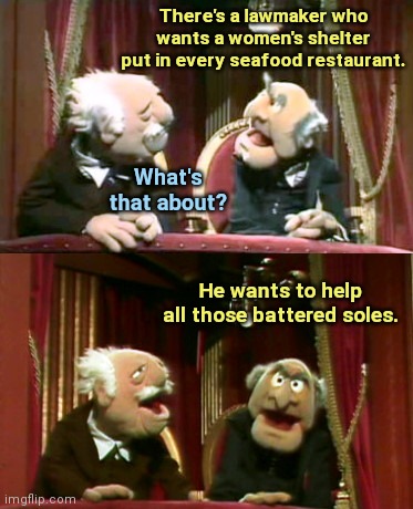 Seafood shelter | There's a lawmaker who wants a women's shelter put in every seafood restaurant. What's that about? He wants to help all those battered soles. | image tagged in statler and waldorf template,bad puns,seafood,fish,jokes,humor | made w/ Imgflip meme maker