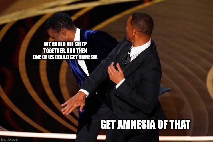 Will Smith Slap | WE COULD ALL SLEEP TOGETHER, AND THEN ONE OF US COULD GET AMNESIA; GET AMNESIA OF THAT | image tagged in will smith slap | made w/ Imgflip meme maker