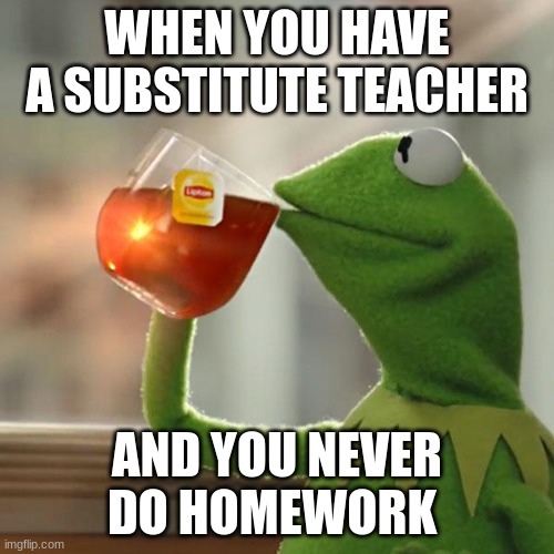 But That's None Of My Business | WHEN YOU HAVE A SUBSTITUTE TEACHER; AND YOU NEVER DO HOMEWORK | image tagged in memes,but that's none of my business,kermit the frog | made w/ Imgflip meme maker