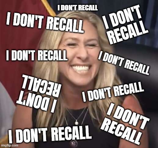 PERJURY TAYLOR GREENE | I DON'T RECALL; I DON'T RECALL; I DON'T RECALL; I DON'T RECALL; I DON'T RECALL; I DON'T RECALL; I DON'T RECALL; I DON'T RECALL; I DON'T RECALL | image tagged in perjury,mtg,i dont recall,i dont remember,cowardly lion,liar | made w/ Imgflip meme maker