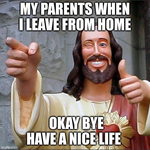 Buddy Christ | MY PARENTS WHEN I LEAVE FROM HOME; OKAY BYE HAVE A NICE LIFE | image tagged in memes,buddy christ | made w/ Imgflip meme maker