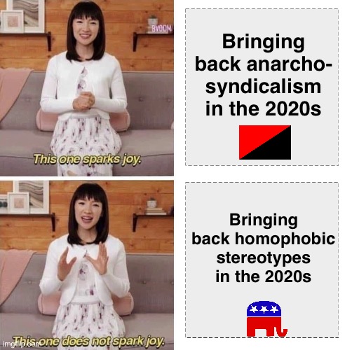 We can do better. | Bringing back anarcho-
syndicalism in the 2020s; Bringing back homophobic stereotypes in the 2020s | image tagged in dont say gay,homophobia,conservative logic,lgbtq,florida,anarcho-communism | made w/ Imgflip meme maker
