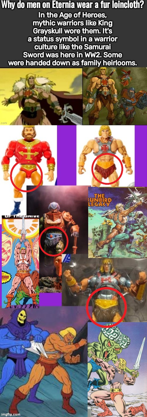 Why do the MOTU wear furry speedos? | Why do men on Eternia wear a fur loincloth? In the Age of Heroes, mythic warriors like King Grayskull wore them. It's a status symbol in a warrior culture like the Samurai Sword was here in WW2. Some were handed down as family heirlooms. | image tagged in he man | made w/ Imgflip meme maker