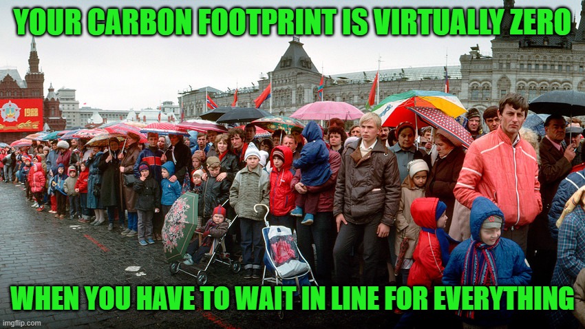 YOUR CARBON FOOTPRINT IS VIRTUALLY ZERO WHEN YOU HAVE TO WAIT IN LINE FOR EVERYTHING | made w/ Imgflip meme maker