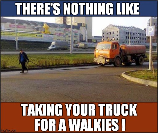Saving Fuel And Getting Exercise ! |  THERE'S NOTHING LIKE; TAKING YOUR TRUCK
 FOR A WALKIES ! | image tagged in fun,truck,walkies,saving fuel,exercise | made w/ Imgflip meme maker
