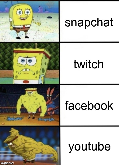 SpongeBob Strength | snapchat; twitch; facebook; youtube | image tagged in spongebob strength | made w/ Imgflip meme maker