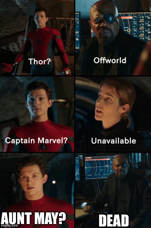 Im so sorry |  DEAD; AUNT MAY? | image tagged in thor off-world captain marvel unavailable,marvel,spiderman,spoiler alert | made w/ Imgflip meme maker
