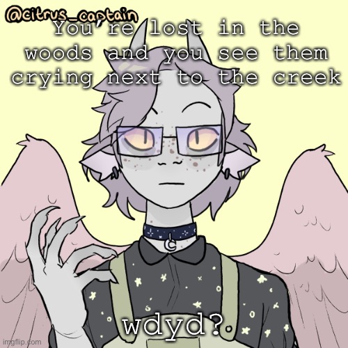 i have no good ideas, so just no joke ocs and no erp | You’re lost in the woods and you see them crying next to the creek; wdyd? | image tagged in rp | made w/ Imgflip meme maker