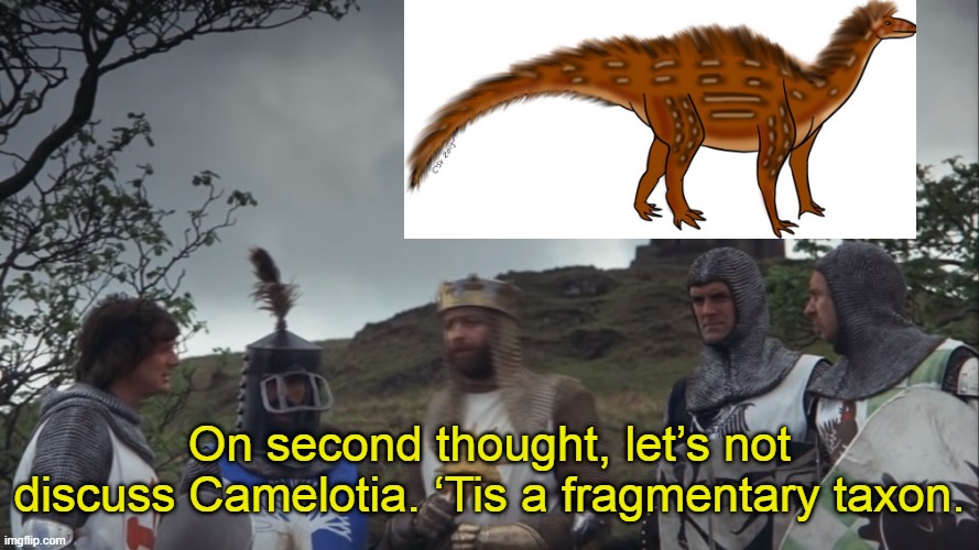 On second thought, let’s not discuss Camelotia. ‘Tis a fragmentary taxon. | image tagged in memes,palaeontology memes,dinosaurs,monty python and the holy grail,on second thought let's not go to camelot | made w/ Imgflip meme maker