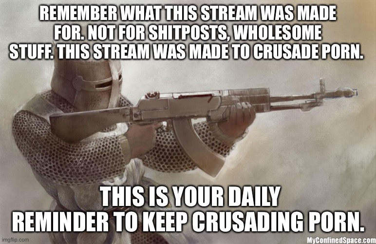 crusader rifle | REMEMBER WHAT THIS STREAM WAS MADE FOR. NOT FOR SHITPOSTS, WHOLESOME STUFF. THIS STREAM WAS MADE TO CRUSADE PORN. THIS IS YOUR DAILY REMINDER TO KEEP CRUSADING PORN. | image tagged in crusader rifle | made w/ Imgflip meme maker