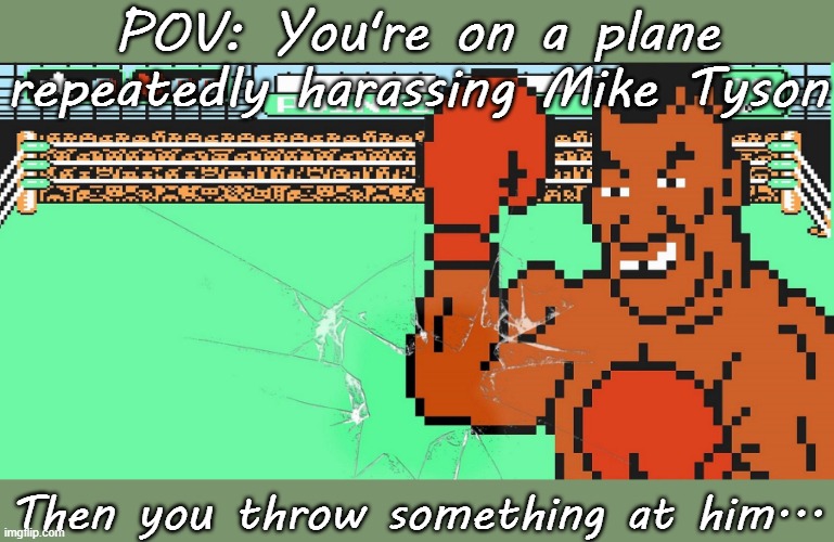 Racist celebrity stalking | POV: You're on a plane repeatedly harassing Mike Tyson; Then you throw something at him... | image tagged in mike tyson breaks the screen,suicide squad,omg karen,congratulations you played yourself | made w/ Imgflip meme maker