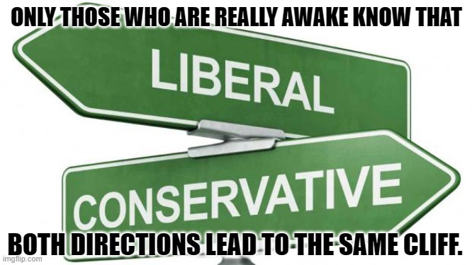 politics | ONLY THOSE WHO ARE REALLY AWAKE KNOW THAT; BOTH DIRECTIONS LEAD TO THE SAME CLIFF. | image tagged in politics | made w/ Imgflip meme maker
