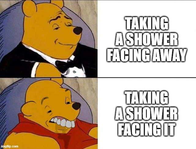 Tuxedo Winnie the Pooh grossed reverse | TAKING A SHOWER FACING AWAY; TAKING A SHOWER FACING IT | image tagged in tuxedo winnie the pooh grossed reverse | made w/ Imgflip meme maker