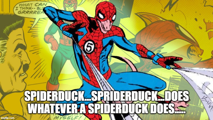 Yeah, Multiverse All Right! | SPIDERDUCK...SPRIDERDUCK...DOES WHATEVER A SPIDERDUCK DOES..... | image tagged in spiderman,duck | made w/ Imgflip meme maker