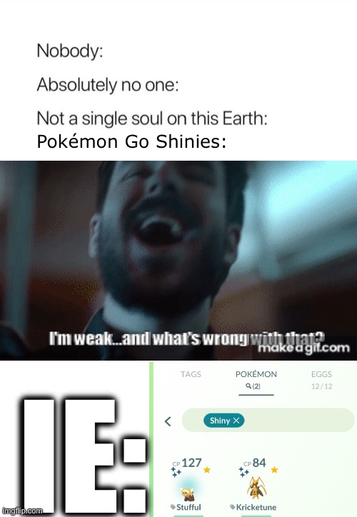 Bruh | Pokémon Go Shinies:; IE: | image tagged in nobody absolutely no one,shiny | made w/ Imgflip meme maker