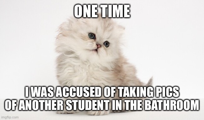 What do you think? | ONE TIME; I WAS ACCUSED OF TAKING PICS OF ANOTHER STUDENT IN THE BATHROOM | image tagged in my announcement temp,perv,pervert,bathroom,school | made w/ Imgflip meme maker