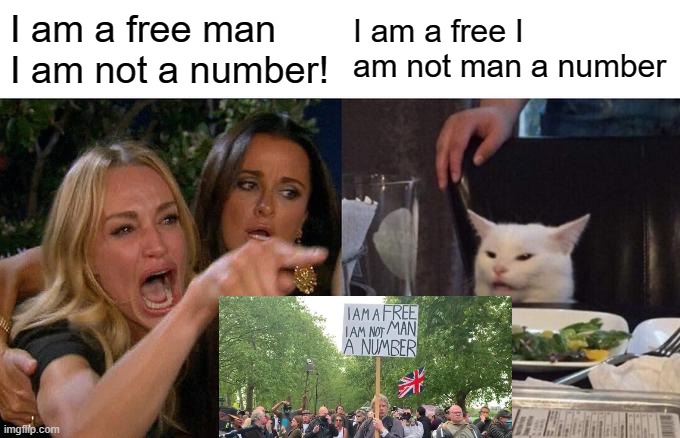 I am a free I am not man a number |  I am a free man I am not a number! I am a free I am not man a number | image tagged in memes,woman yelling at cat,i am a free i am not man a number,don't dead open inside | made w/ Imgflip meme maker