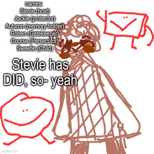 yay | names: 
Stevie (host)
Jackie (protector)
Autumn (memory holder)
Roben (Gatekeeper)
Course (Persecutor)
Sweetie (Child); Stevie has DID, so- yeah | image tagged in blank white but bigger | made w/ Imgflip meme maker