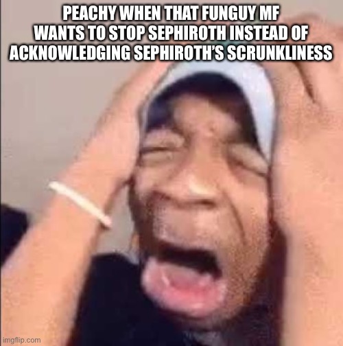 Flightreacts crying | PEACHY WHEN THAT FUNGUY MF WANTS TO STOP SEPHIROTH INSTEAD OF ACKNOWLEDGING SEPHIROTH’S SCRUNKLINESS | image tagged in flightreacts crying | made w/ Imgflip meme maker