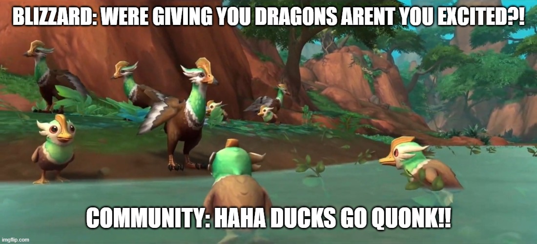 BLIZZARD: WERE GIVING YOU DRAGONS ARENT YOU EXCITED?! COMMUNITY: HAHA DUCKS GO QUONK!! | made w/ Imgflip meme maker
