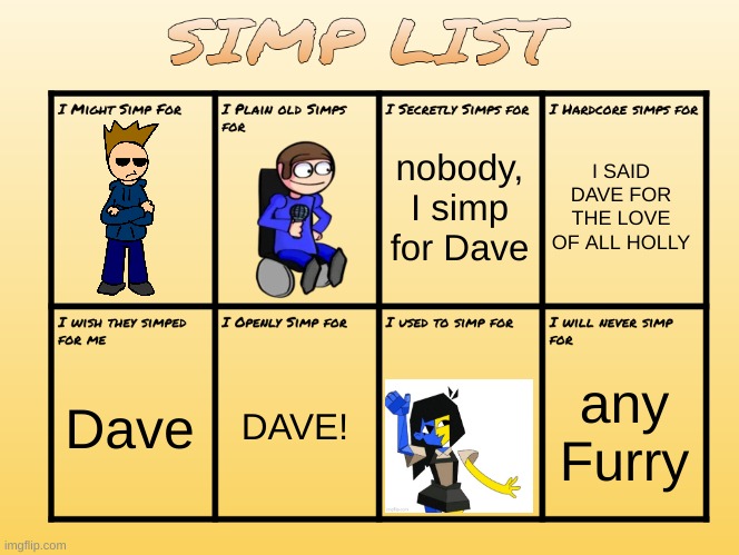 I like polygons | I SAID DAVE FOR THE LOVE OF ALL HOLLY; nobody,
I simp for Dave; DAVE! Dave; any Furry | image tagged in simp list | made w/ Imgflip meme maker