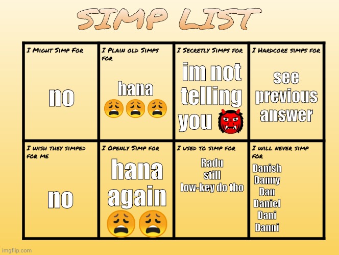 peepee | im not telling you 👹; no; see previous answer; hana 😩😩😩; Radu
still low-key do tho; hana again 😩😩; no; Danish
Danny
Dan
Daniel
Dani
Danni | made w/ Imgflip meme maker