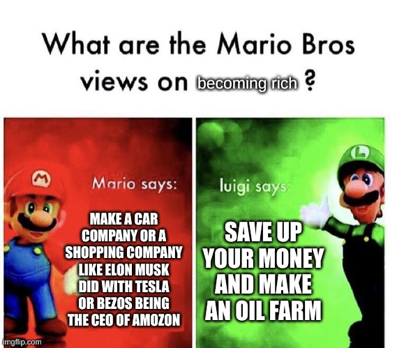 how to become rich | becoming rich; MAKE A CAR COMPANY OR A SHOPPING COMPANY LIKE ELON MUSK DID WITH TESLA OR BEZOS BEING THE CEO OF AMOZON; SAVE UP YOUR MONEY AND MAKE AN OIL FARM | image tagged in mario bros views | made w/ Imgflip meme maker