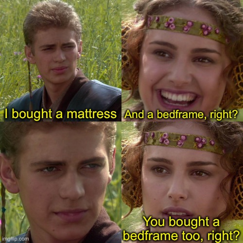 Anakin Padme 4 Panel | I bought a mattress; And a bedframe, right? You bought a bedframe too, right? | image tagged in anakin padme 4 panel | made w/ Imgflip meme maker