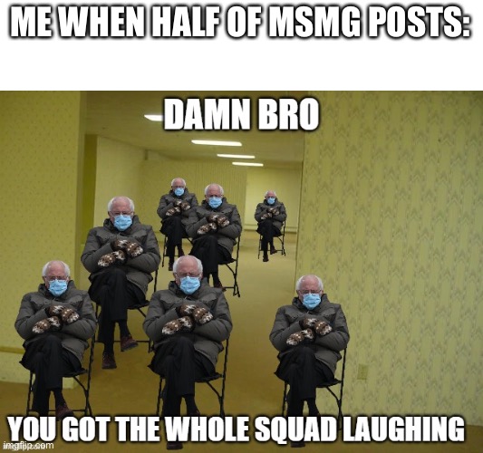 OUY | ME WHEN HALF OF MSMG POSTS: | image tagged in damn bro you got the whole squad laughing bernie version | made w/ Imgflip meme maker