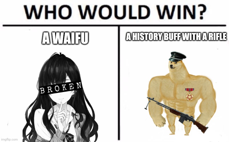 Hehehe | A WAIFU; A HISTORY BUFF WITH A RIFLE | image tagged in memes,who would win,no more anime,yes,history | made w/ Imgflip meme maker