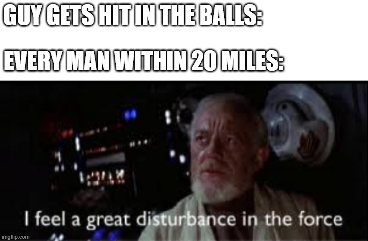 every man has been there | GUY GETS HIT IN THE BALLS:; EVERY MAN WITHIN 20 MILES: | image tagged in i feel a great disturbance in the force | made w/ Imgflip meme maker