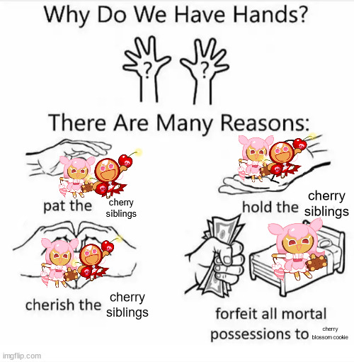 i prefer picnic (but i enjoy both) | cherry siblings; cherry siblings; cherry siblings; cherry blossom cookie | image tagged in why do we have hands all blank,oh wow are you actually reading these tags,siblings,crk,cookie run,cookie run kingdom | made w/ Imgflip meme maker