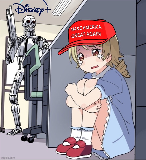 Republicans meet their worst nightmare! | image tagged in anime girl hiding from terminator,disney,maga,disney plus,republicans,oof | made w/ Imgflip meme maker