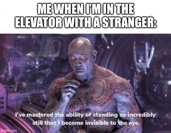 It’s so awkward | ME WHEN I’M IN THE ELEVATOR WITH A STRANGER: | image tagged in i've mastered the ability of standing still | made w/ Imgflip meme maker