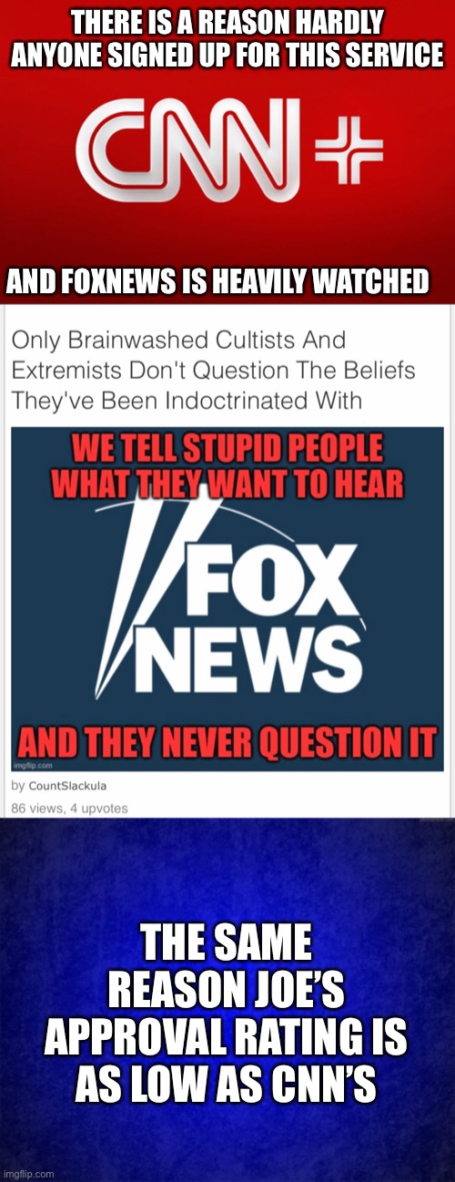 Oh really??? Tell me more. At least comments can be posted on this! | THERE IS A REASON HARDLY ANYONE SIGNED UP FOR THIS SERVICE; AND FOXNEWS IS HEAVILY WATCHED; THE SAME REASON JOE’S APPROVAL RATING IS AS LOW AS CNN’S | image tagged in blue background | made w/ Imgflip meme maker