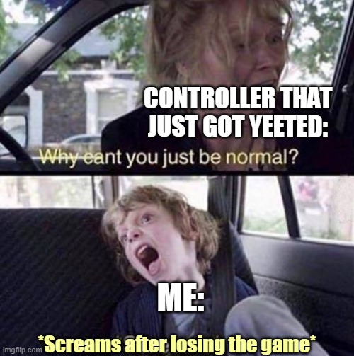 Why Can't You Just Be Normal | CONTROLLER THAT JUST GOT YEETED: ME: *Screams after losing the game* | image tagged in why can't you just be normal | made w/ Imgflip meme maker