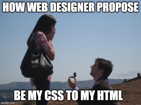 Marriage proposal |  HOW WEB DESIGNER PROPOSE; BE MY CSS TO MY HTML | image tagged in marriage proposal,coding,webdesigner | made w/ Imgflip meme maker