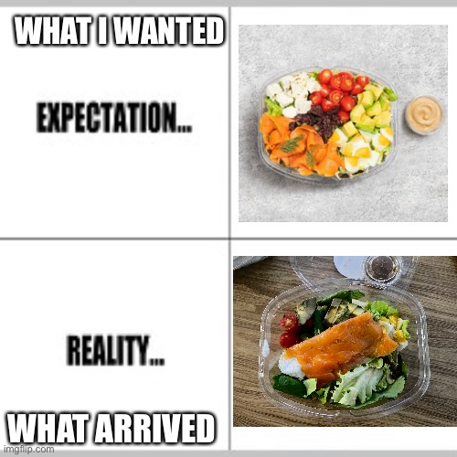 When I finally decide to eat healthy… |  WHAT I WANTED; WHAT ARRIVED | image tagged in expectation vs reality | made w/ Imgflip meme maker