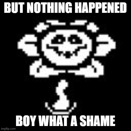 Flowey | BUT NOTHING HAPPENED BOY WHAT A SHAME | image tagged in flowey | made w/ Imgflip meme maker