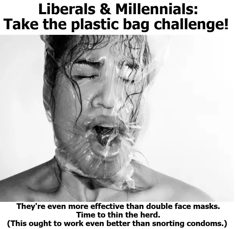 Take the plastic bag challenge! | image tagged in plastic bag challenge,snorting condoms,thin the herd,face mask,covidiots,lemmings | made w/ Imgflip meme maker