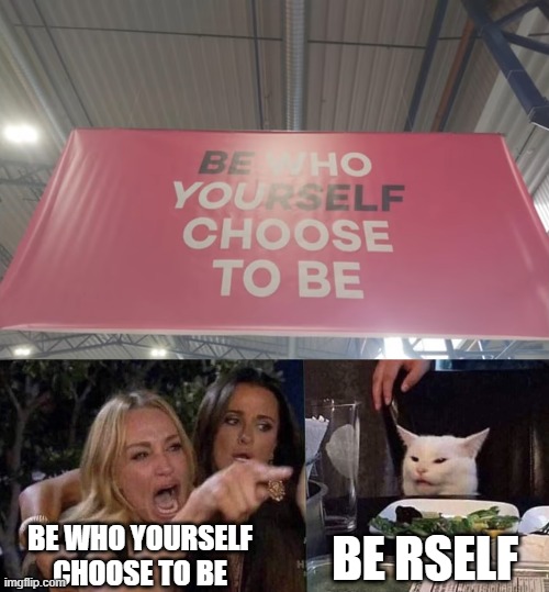 BE WHO YOURSELF CHOOSE TO BE; BE RSELF | image tagged in woman yelling at cat | made w/ Imgflip meme maker