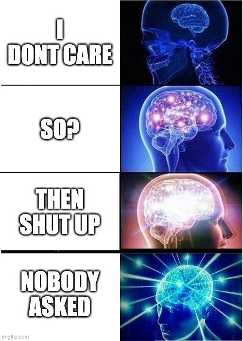 Expanding Brain Meme | I DONT CARE; SO? THEN SHUT UP; NOBODY ASKED | image tagged in memes,expanding brain | made w/ Imgflip meme maker